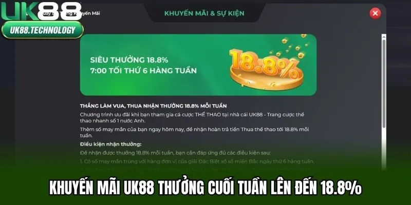 Khuyến mãi UK88 thưởng cuối tuần lên đến 18.8
